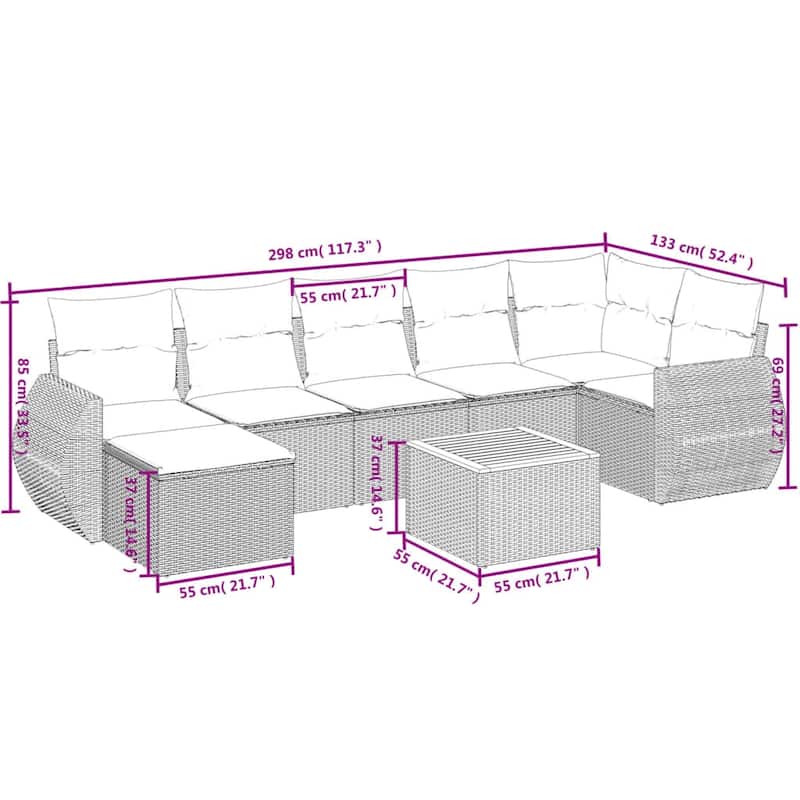 vidaXL Patio Sofa Set with Cushions Outdoor Furniture 8 Piece Poly Rattan - 24.4x 24.4x 27.2