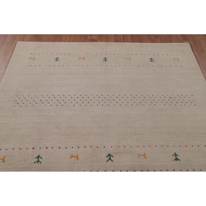 Oriental Gabbeh Area Rug Hand-Knotted Tribal Beige Wool Carpet - 5'3"x 7'6"