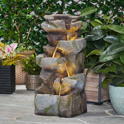 34"H 4 Tier Floor Fountain With LED Light, Stone Gray Outdoor Fountain