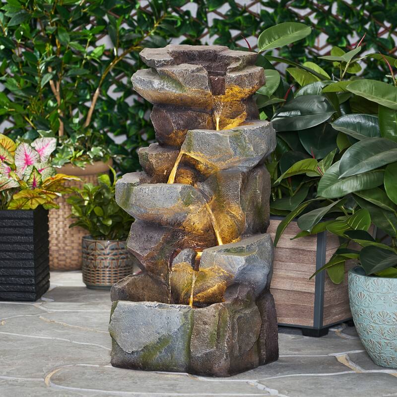 Roomfitters Apache 34-Inch Stacked Rock Outdoor Tiered Water Fountain with LED Lights, Weather-Resistant Faux Stone, Stone Gray