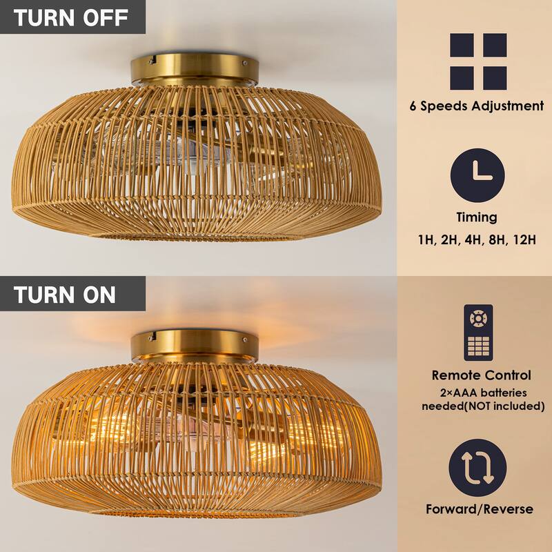 20 in. 4-Light Farmhouse Rustic Handwoven 7-Blade Rattan Cage Semi-Flush Mount Ceiling Fan with Remote - 19.6 in. W x 9.8 in. H