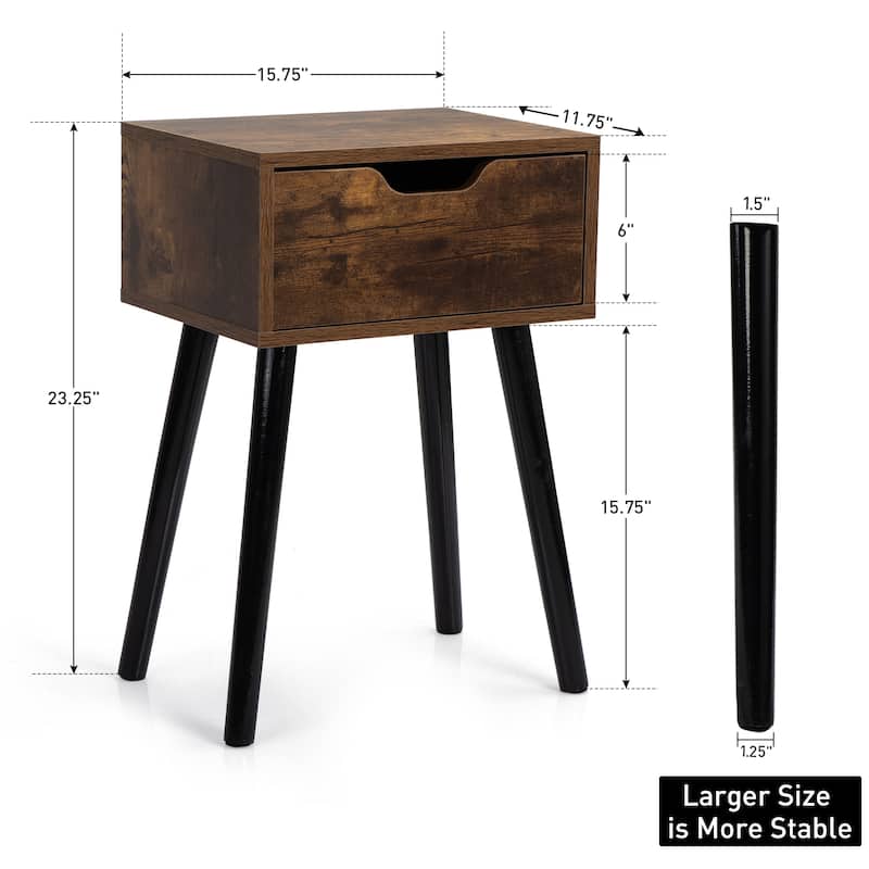 Pine Wood Rustic Single Drawer Nightstand Side Table (Set of 2)