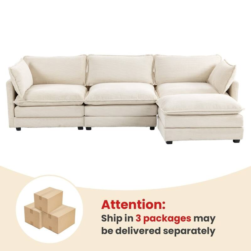 3-Seat Corduroy Modular Sofa with an Independent Removable Ottoman for Living Room or Business