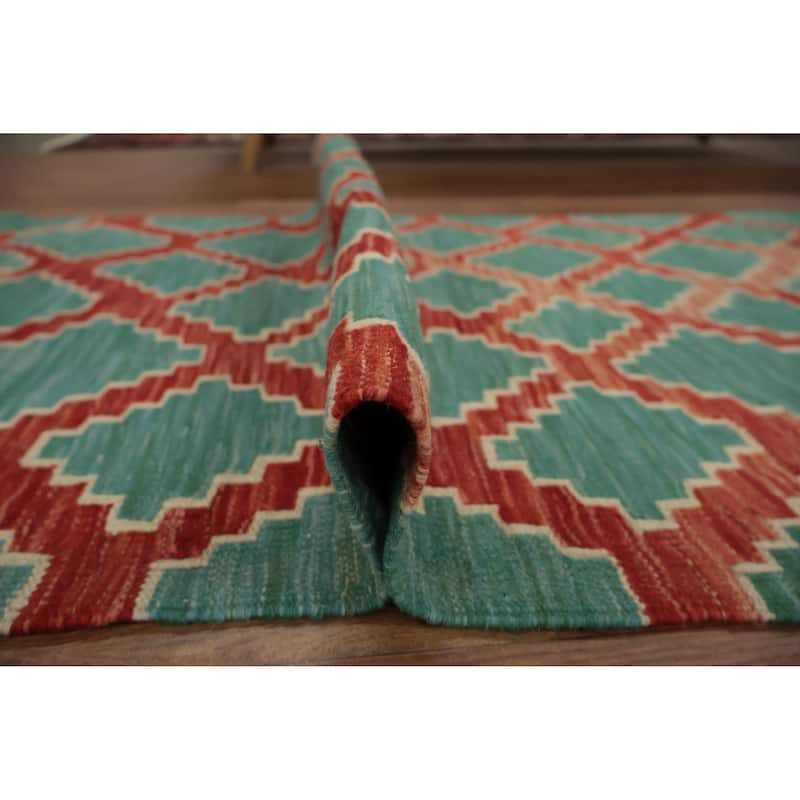 Hand Woven Oriental 100% Wool Carpet Southwestern All-Over Green Kilim Runner Rug - 9' 8'' X 2' 7''
