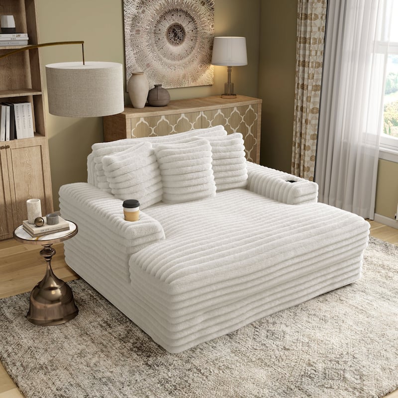 Furniture of America Venden Modern Chenille Padded 2-Seater Chaise Loveseat with USB Charger and Cup Holders