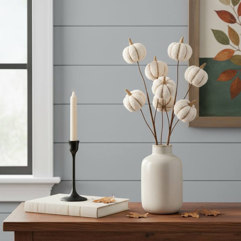 HomeRoots Six Cream Cream Fall Mini Pumpkins Wreath Sprays - Cream - 6.00 in. x 26.25 in.  x 3.50 in.
