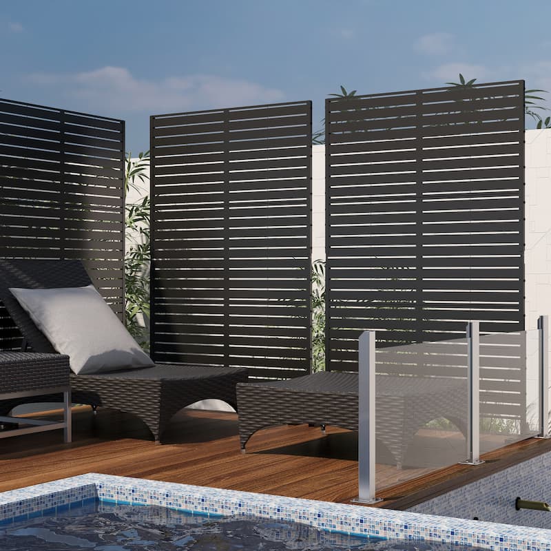 Outdoor Privacy Screen with Stand for Patio Garden Metal Fence - Black - 014-Horizontal Stripe