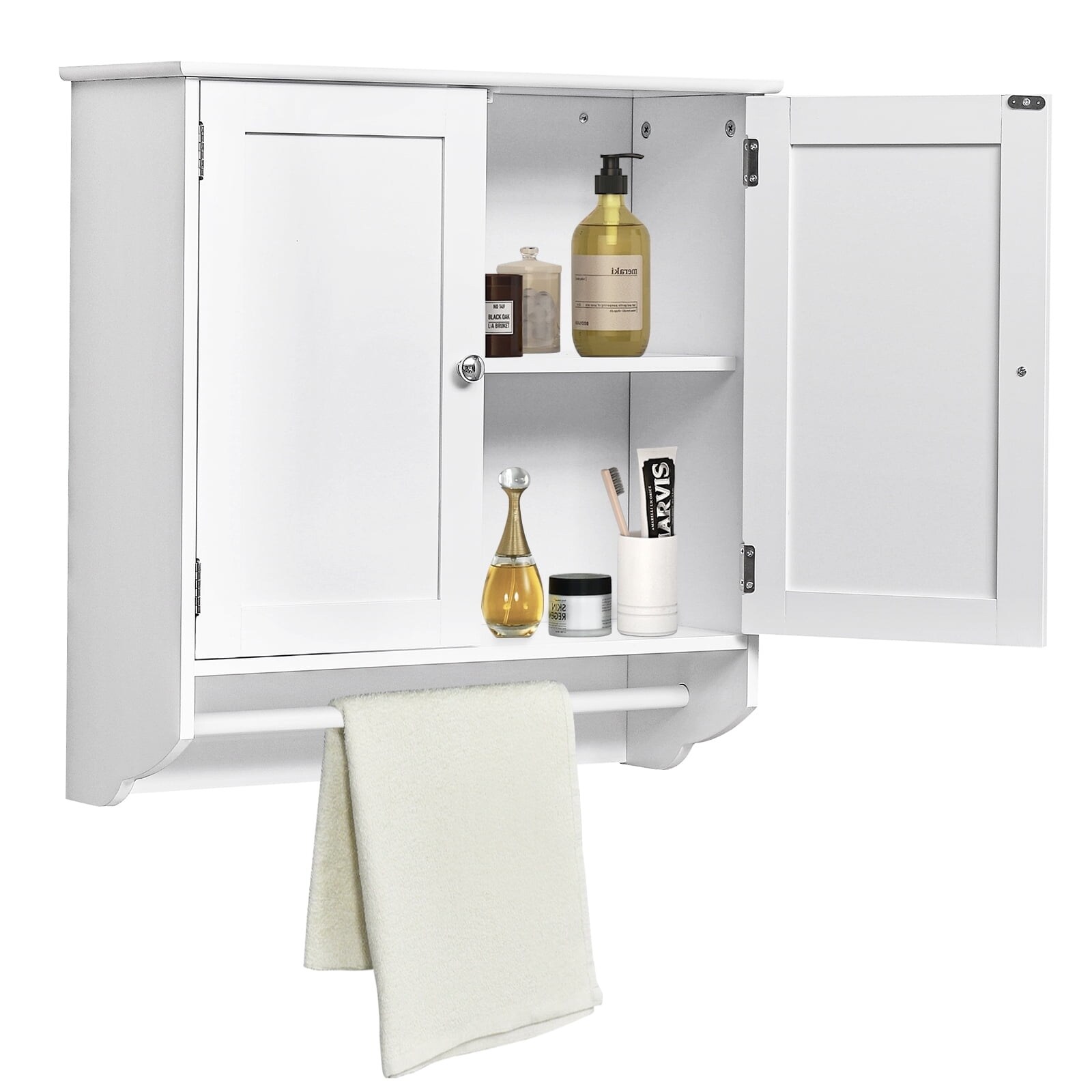 White bathroom cabinet on sale with towel bar