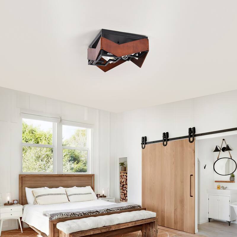 2 - Light Geometric Flush Mount Ceiling Light, Wood & Metal Design - Matte Black - N/A