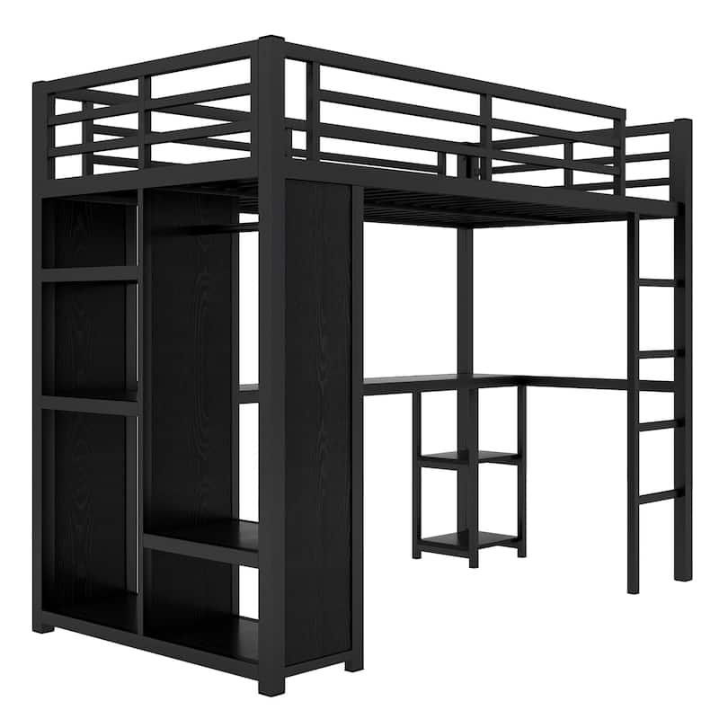 Black Metal Loft Bed Frame with Built-in Wardrobe, Desk and Shelves