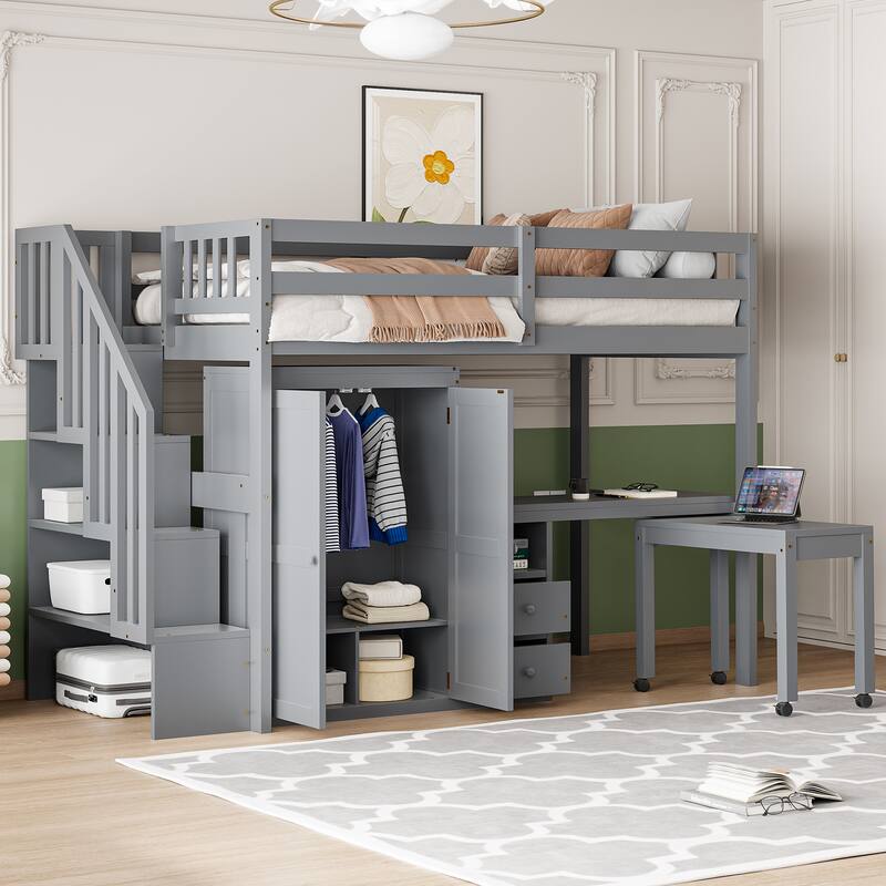 Space-Saving Loft Bed with Shelves Wardrobe, Movable table & Side Desk, Wooden Twin Bed Frmae wiht Storage Stairs & Two Drawers