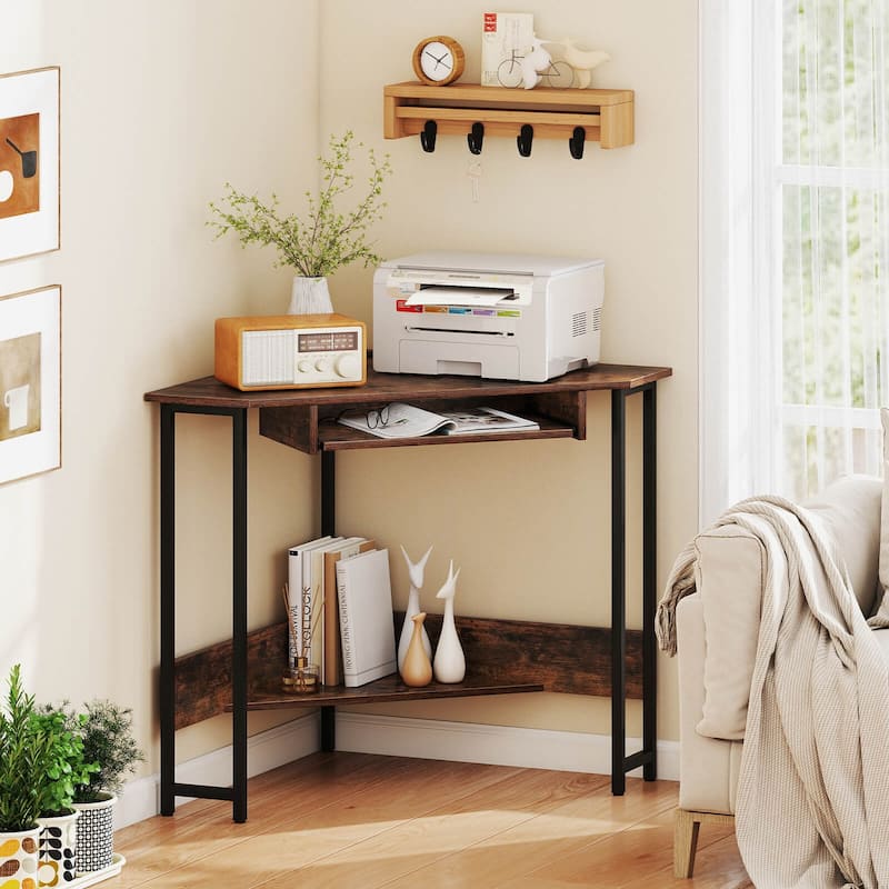 Costway Triangle Corner Computer Desk w/ Charging Station Keyboard