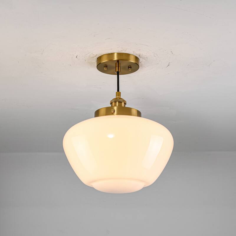 1-Light Mid-Century Modern Brass/Black Frosted Glass Globe Dome Pendant Light - Brass
