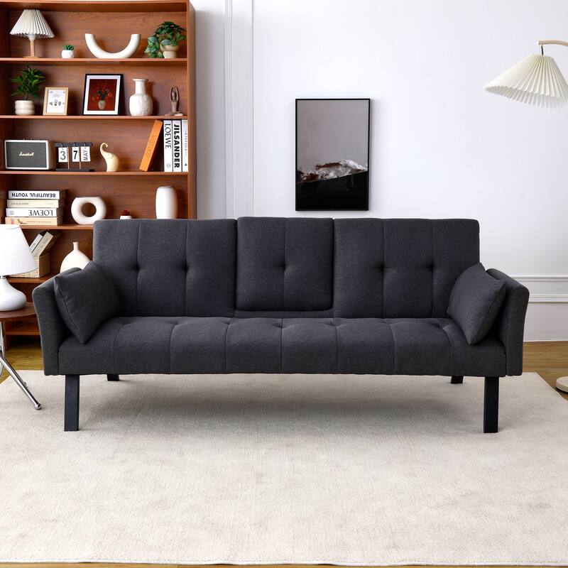 Cotton Linen Fabric Loveseat Sofa Sleeper Sofa Bed for Small Space with Center Table, Cup Holders, Pillows and Side Pockets