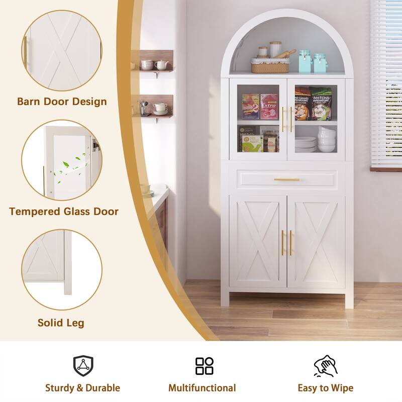 Arched Kitchen Pantry Cabinet, Storage Cabinet with Large Drawers, Display Cabinet with Glass Doors & Adjustable Shelves