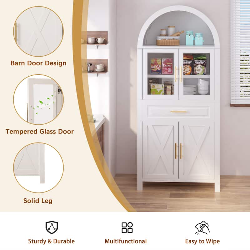 Arched Kitchen Pantry Cabinet with Glass Door, Farmhouse 71" Storage Cabinet with Adjustable Shelves & Barn Door Design