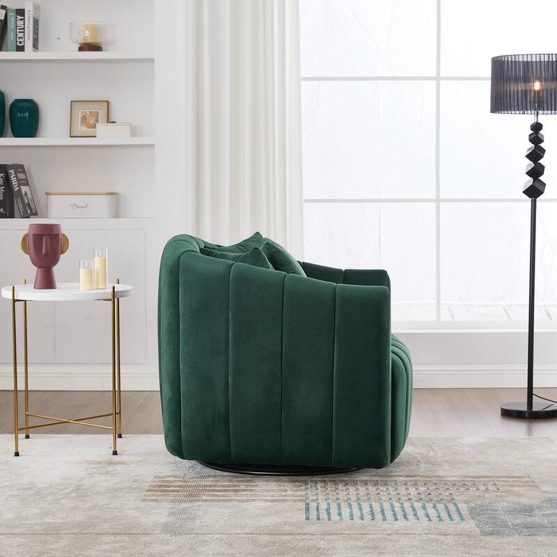 Upholstered Oversized 360° Swivel Accent Barrel Chair and Half Cozy Sofa with Pillows, Channel Pumpkin-Shape Club Armchair