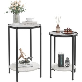 Shelf Table Rounded Set of 2 Modern Round End Tables with 2-Tier Shelves for Bedroom or ...