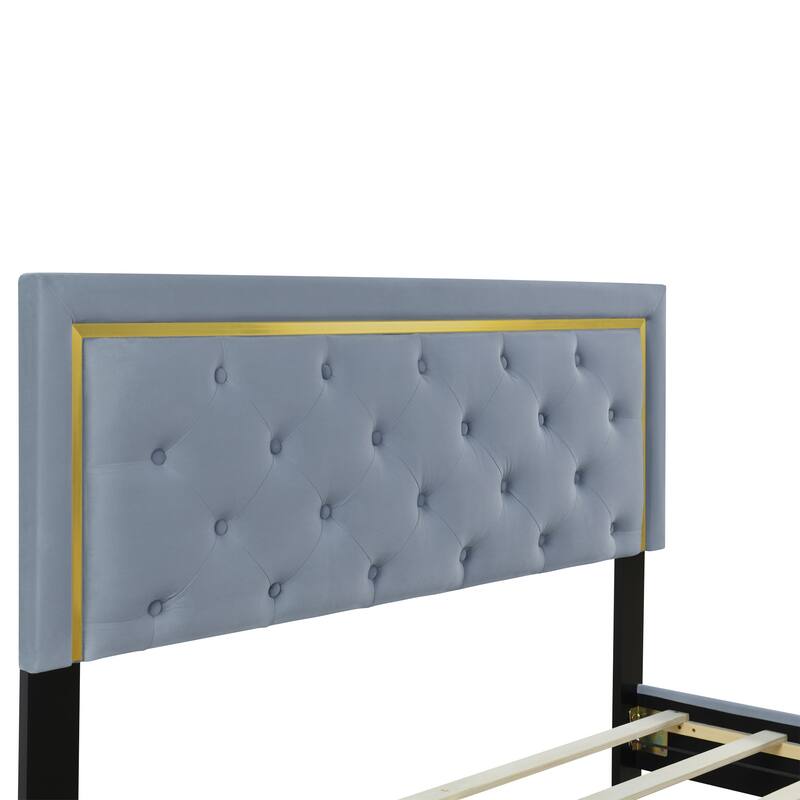 Velvet Upholstered Platform Bed With Pull Point Headboard And Metal Wire Frame