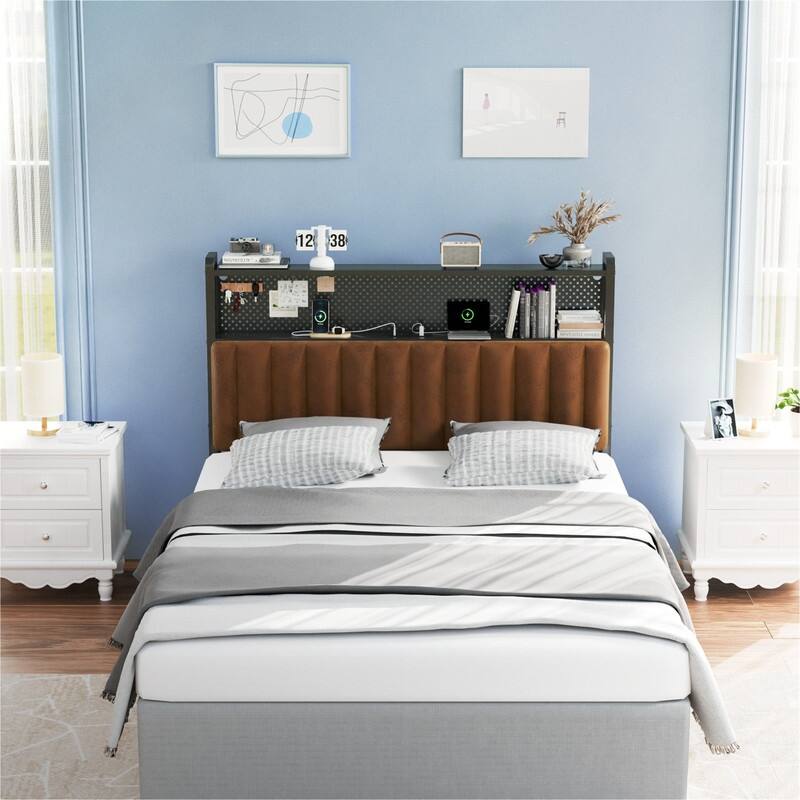 Adjustable Upholstered Headboard with 2 Tier Shelves with Charging Stations and LED Lights, Modern Bed Headboard with Storage