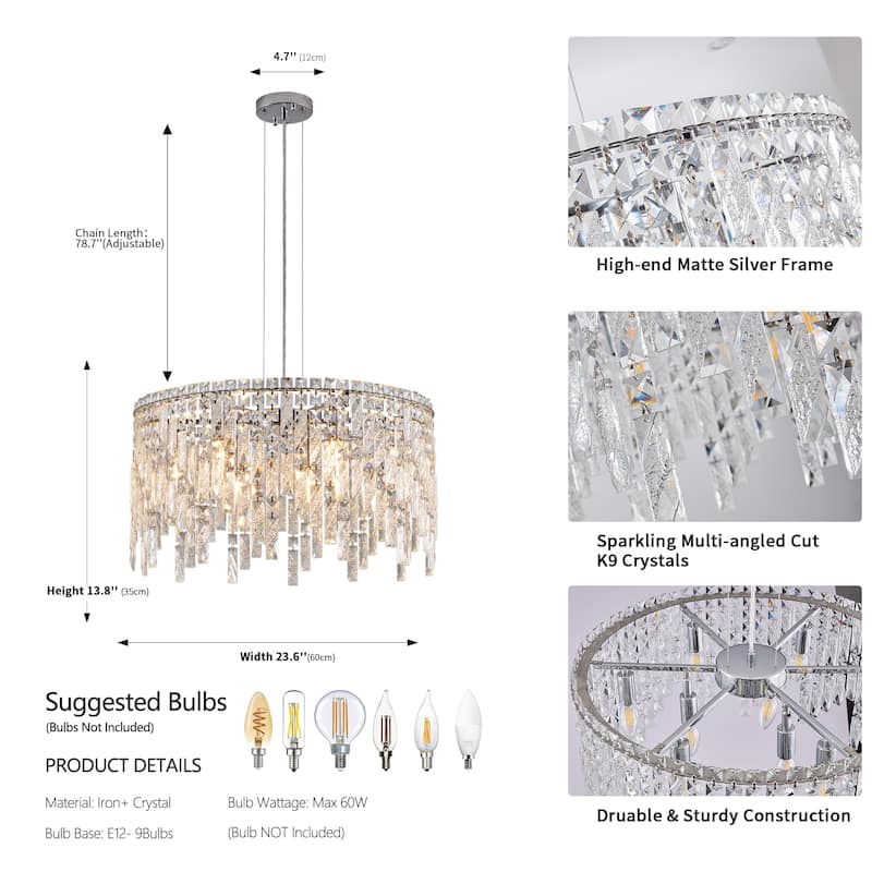 24" Luxurious Round Silver Crystal Chandelier, Contemporary Rectangular Pendant Light, and Grand Foyers (Bulbs Not Included)