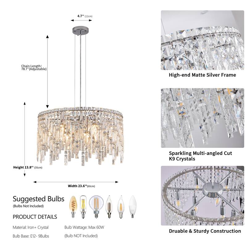 24" Silver Round Crystal Chandelier - Contemporary - Dining Living Foyer