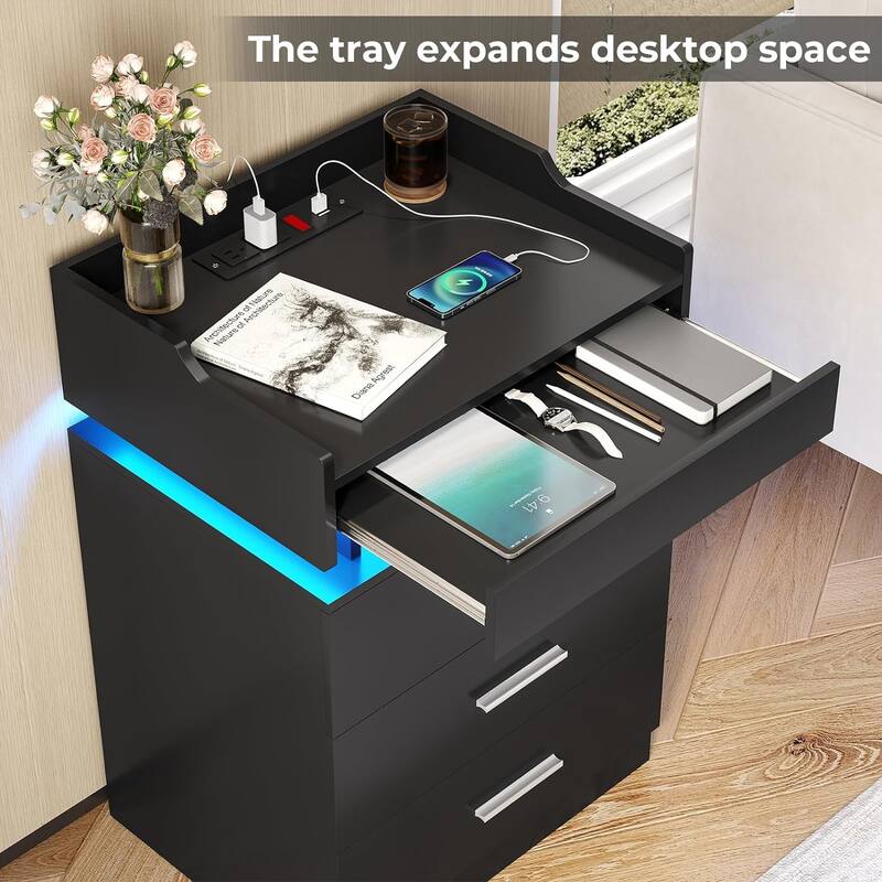 Nightstand with Charging Station and LED Lights 3 Drawers