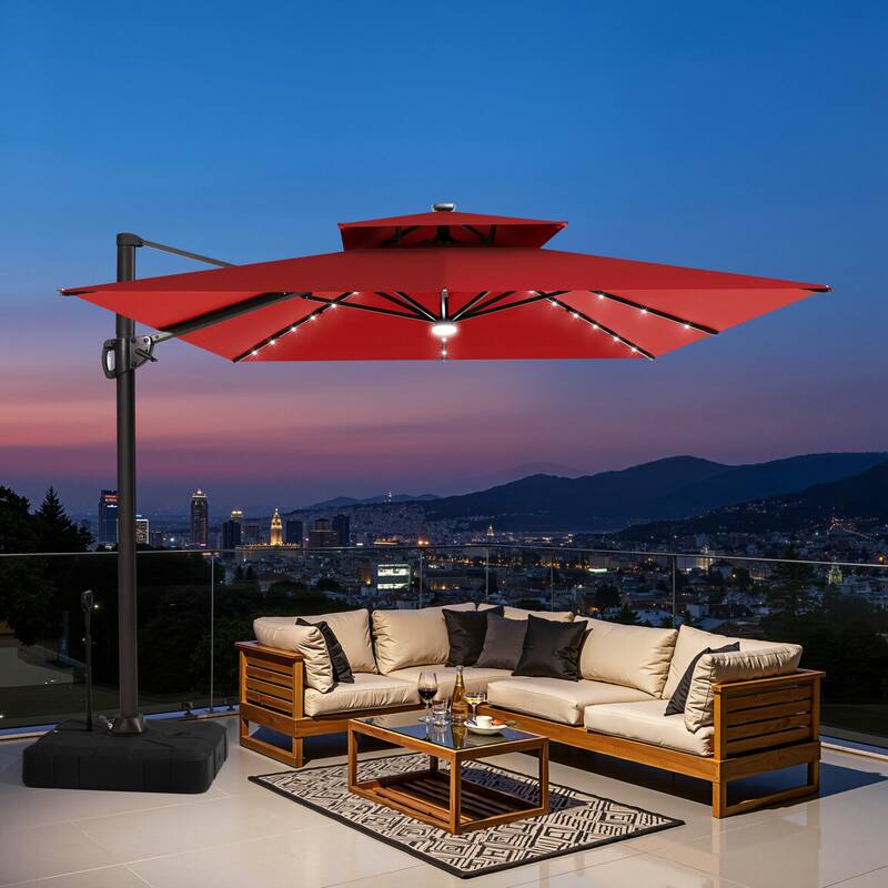 9 x 11 FT Outdoor Rectangular Solar LED Lights Double Top Patio Cantilever Offset Umbrella and Base with Wheels and Drag Rod - Red