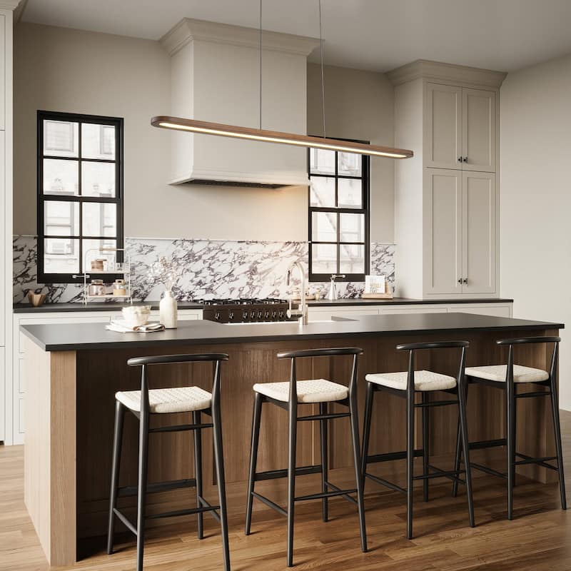 47.2 in. 1-Light Modern Farmhouse Walnut Wood Linear Dimmable Integrated LED Hanging Island Light for Dining Room