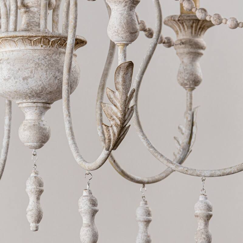 French Country Antique White 6-Light Distressed Wood Empire Chandelier - 29.5-in W