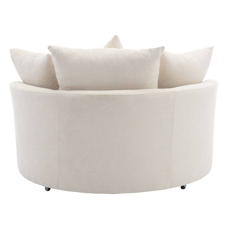 Roomfitters Modern 360° Swivel Barrel Chair with Hidden Storage Ottoman, Chenille Upholstery and Four Pillows
