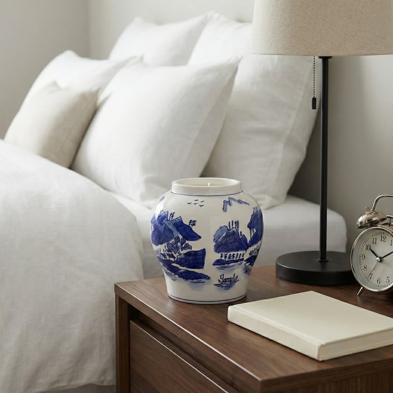 Chinoiserie Ceramic Candle - Neroli and Basil Scent - 7", Blue - 7.0" - 7.0" - Blue