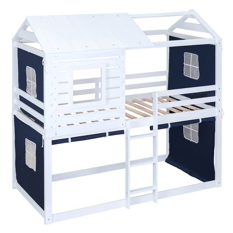 Twin Size Solid Wood House Bunk Bed with Tent, Ladder and Fence for Kids, Bedroom