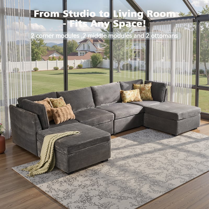 HOOOWOOO Modular U-shaped Corduroy Fabric Sectional Sofa Couch with Ottoman