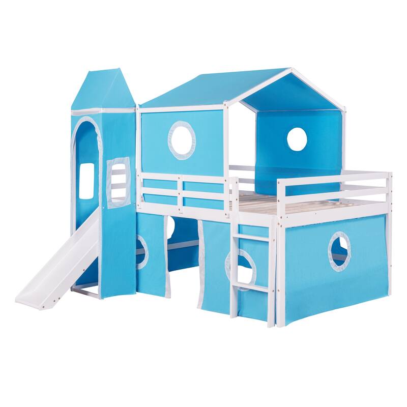 Twin/Full Size Kids Loft Bed with Slide and Tent, House Loft Bed with Tower and Ladder, Wood Loft Bed Playhouse Bed Frame