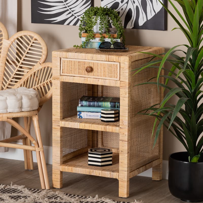 Bella Modern Bohemian Natural Brown Mahogany Wood and Natural Rattan 1-Drawer Nightstand