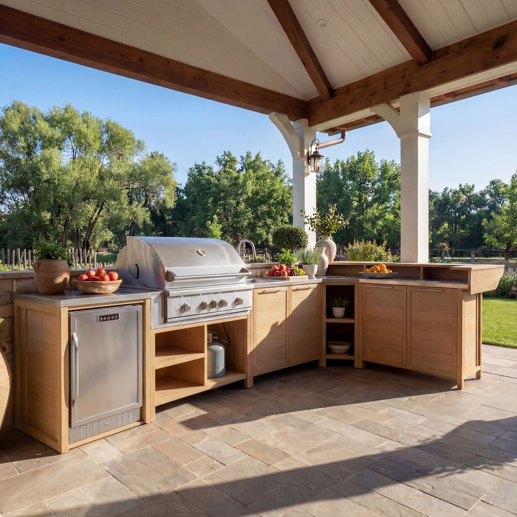 Modular Outdoor Kitchen Cabinet Set 100% Solid Wood Patio BBQ Island with Stainless Steel Countertop