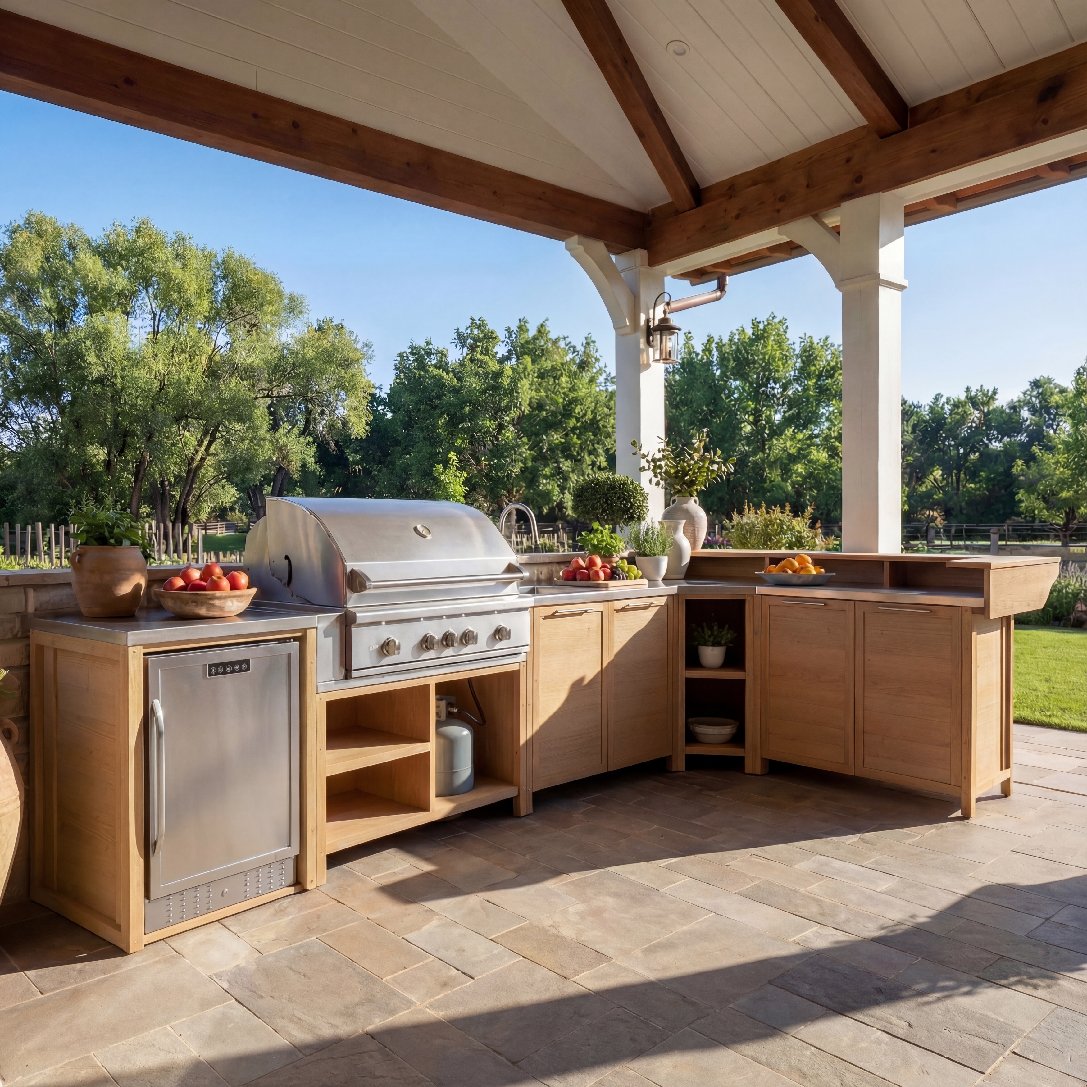 Modular Outdoor Kitchen Cabinet Set 100% Solid Wood Patio BBQ Island with Stainless Steel Countertop