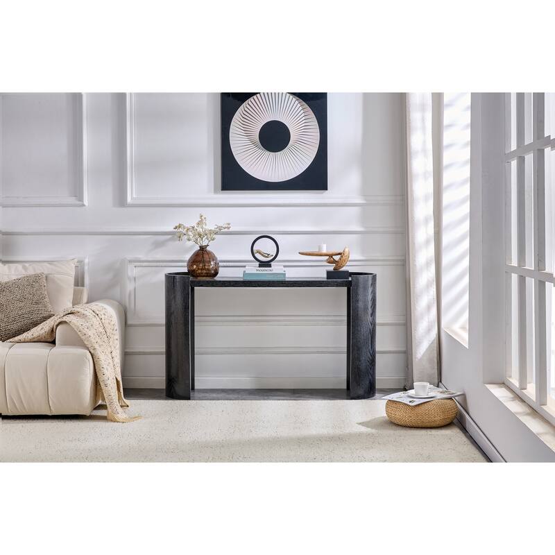 Black curved foyer table - Black wood grain minimalist entrance small space living room sofa side table