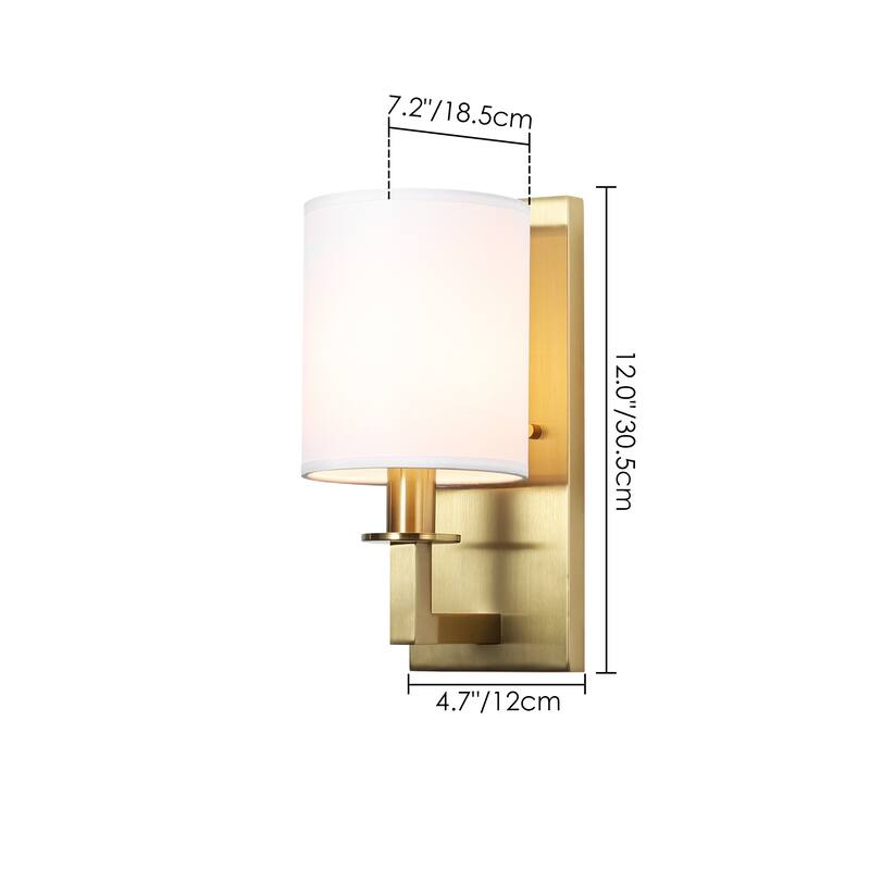 1-Light 5.5" W Modern Gold Cylinder Metal Flush Mount Wall Sconce/Bathroom Vanity Light with White Fabric Shade
