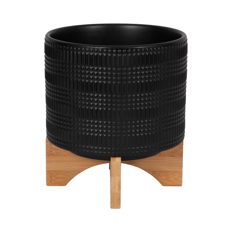 Black Ceramic Planter on Bamboo Stand Contemporary Embossed Tribal Design For Indoor or Outdoor Plants, Succulents,