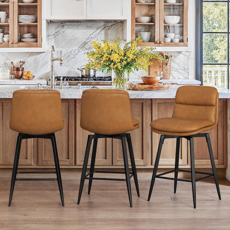 Upholstered Faux Leather Bar Stools with Back and Metal Legs Set of 2/3/4, 26" H Seat Height, 360° Swivel Bar Stools Brown - Brown - Set of 3