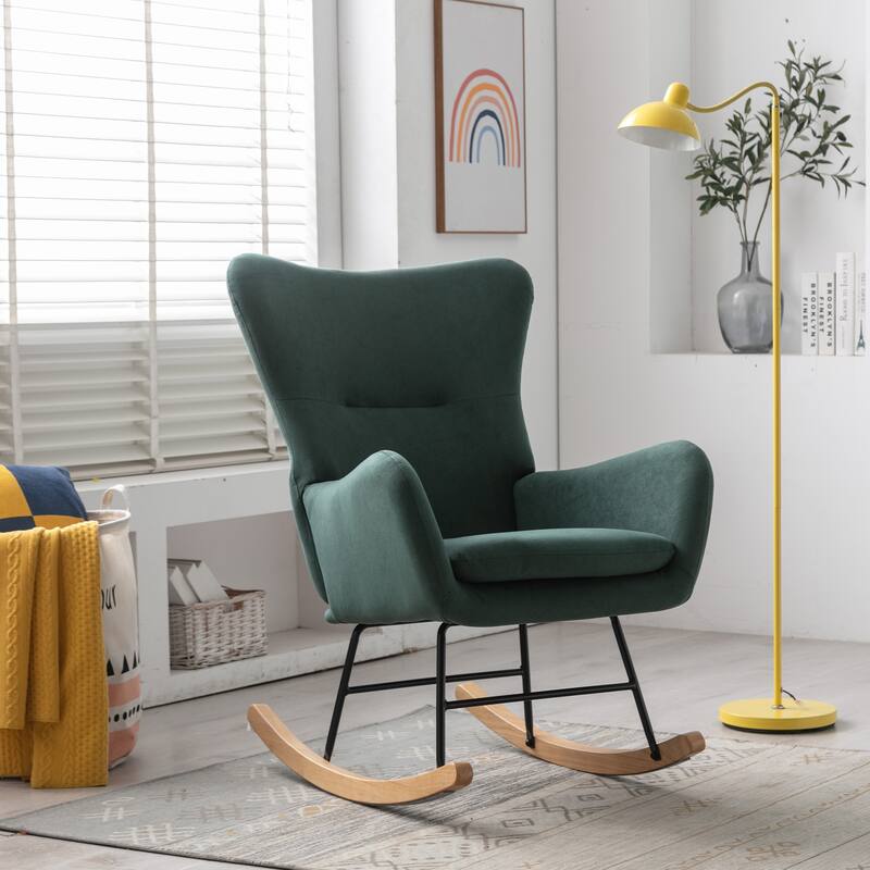 Velvet Armchair Wingback Comfy Rocker Chair with Thick Padded Seat for Nursery - Green