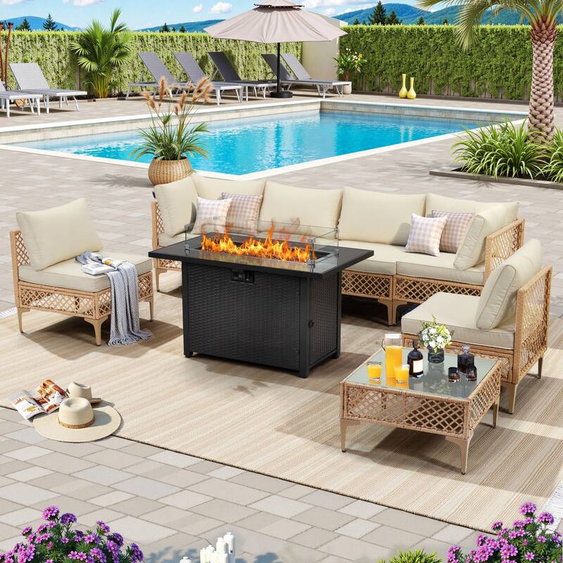 8 PCS Wicker Patio Conversation Set With Fire Table - Yellow/Beige