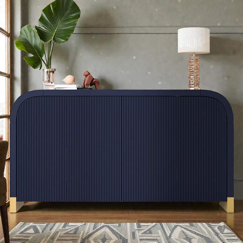 4 Door Storage Cabinet with Curved Corners, Wavy Panel Sideboard with Adjustable Shelves for Living Room Entryway