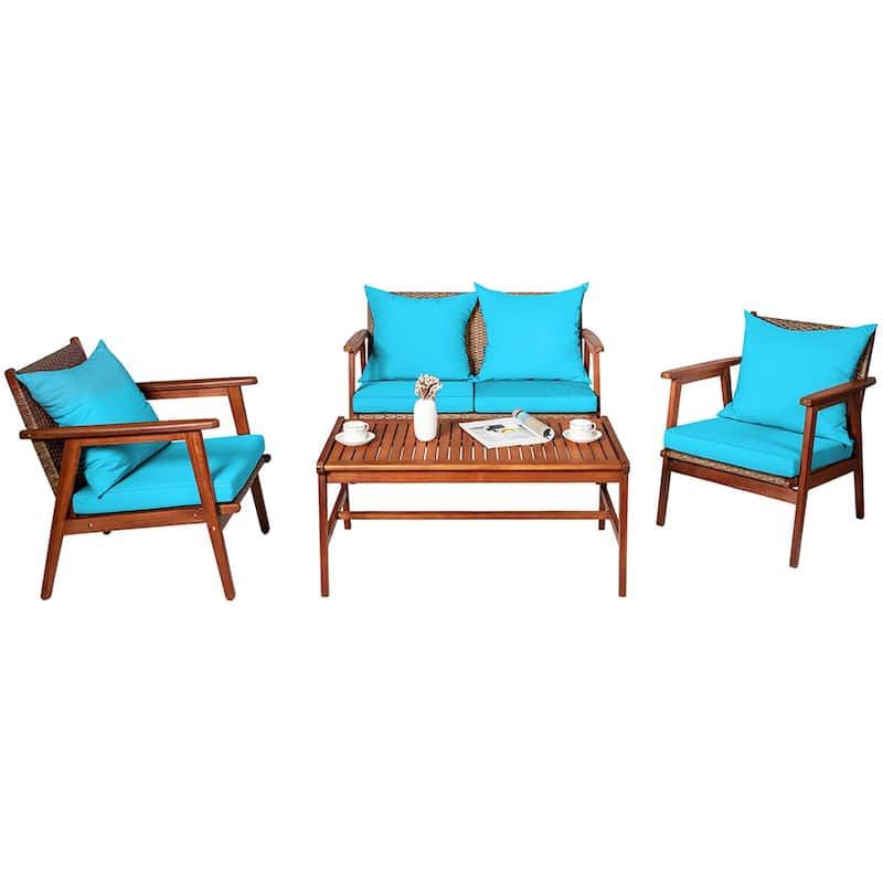 Costway 4PCS Patio Rattan Furniture Set Acacia Wood Frame Cushioned - See Details