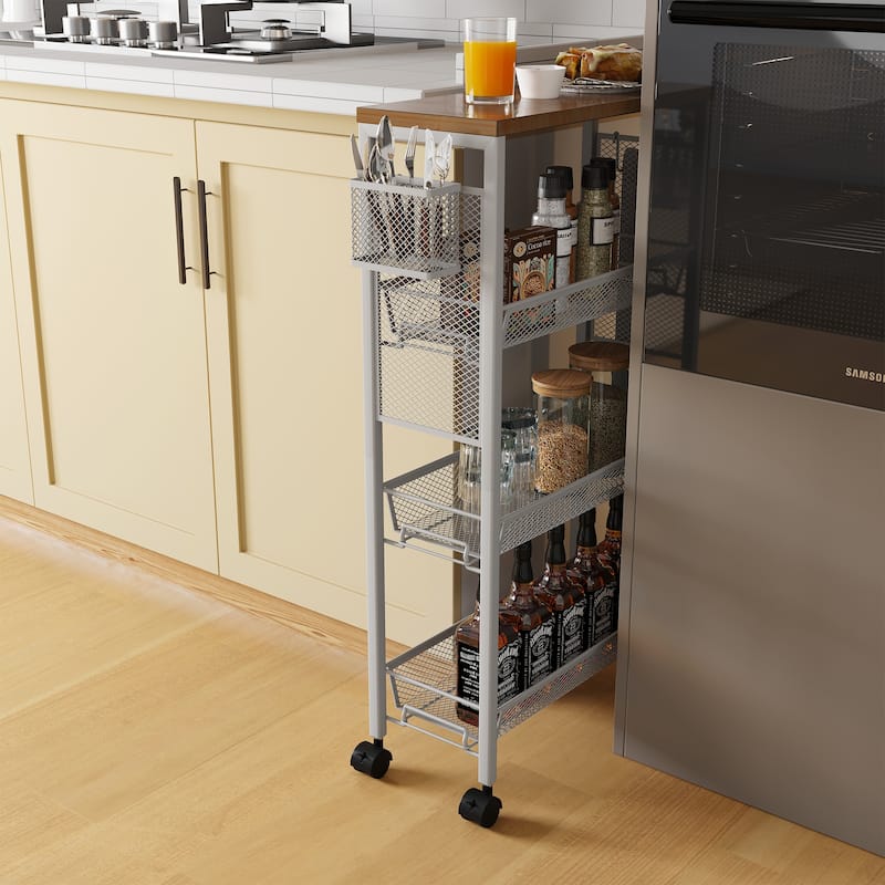 Moasis Wood Rolling Kitchen Cart with Wooden Tabletop and Mesh Baskets