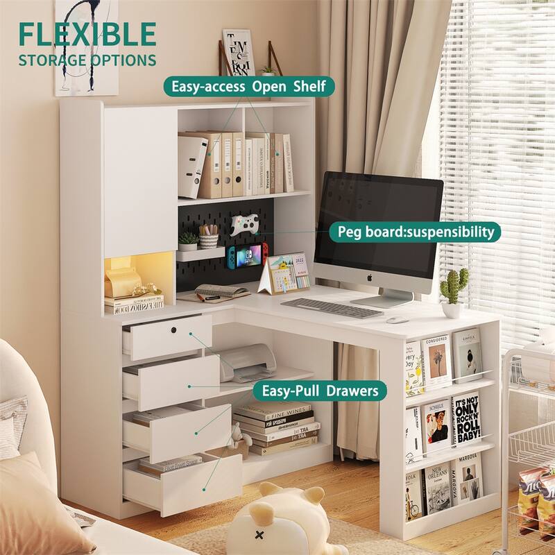 L Shaped Desk,Computer Desk with Drawers,Bookshelf & Hutch,w/LED Light