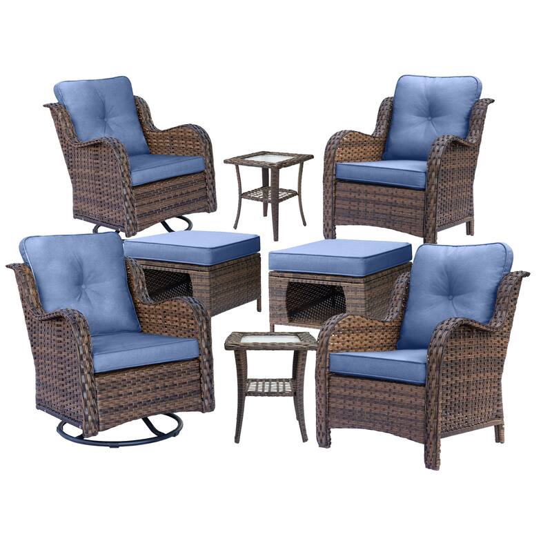 8 Piece Outdoor Wicker Patio Furniture Swivel Glider Chair Ottoman Set