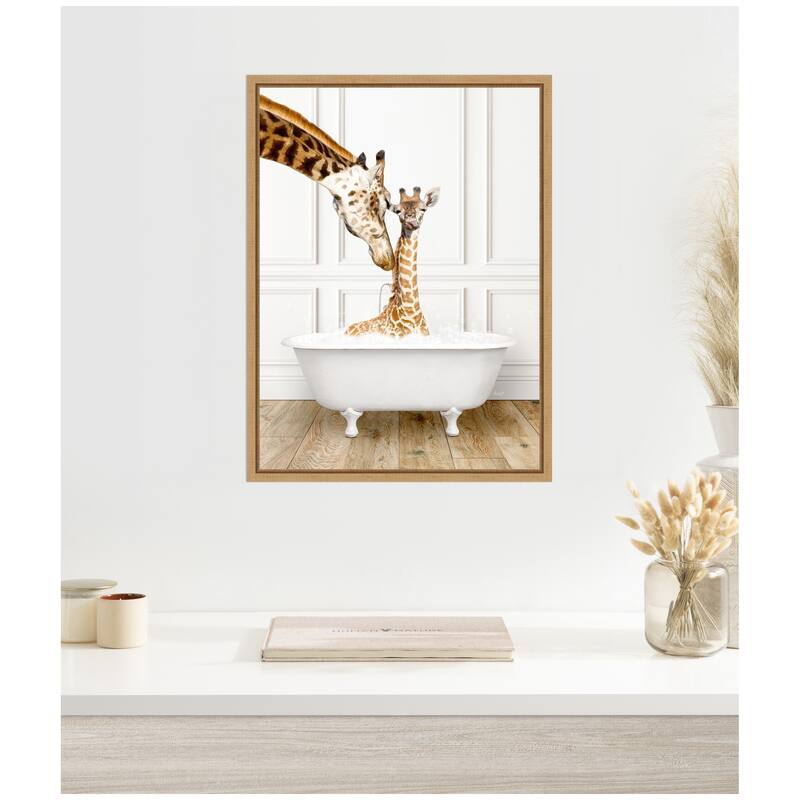 Kate and Laurel Sylvie Mother and Baby Giraffe in Traditional Vintage Bathtub Framed Canvas by Amy Peterson